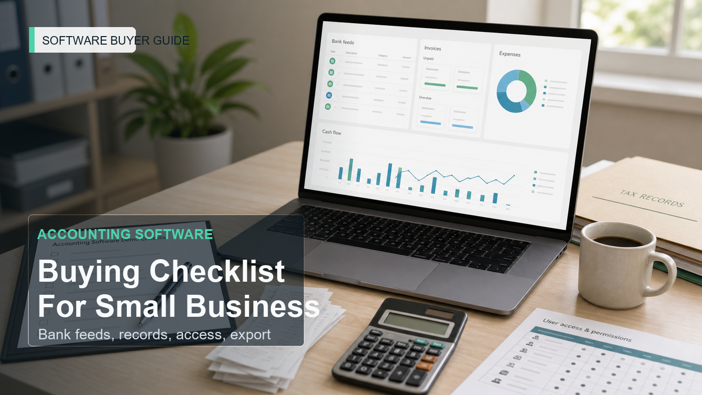 Accounting software buying checklist with bank feed dashboard, invoice worksheet, receipt capture notes, permission matrix, tax record folder, and vendor demo checklist