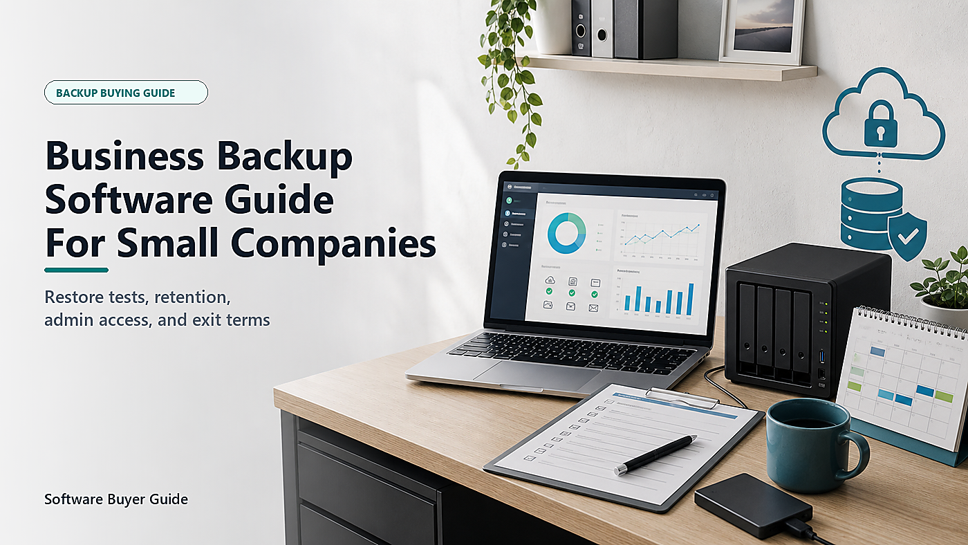 Business backup software buying guide with restore checklist, encrypted backup vault, laptop dashboard, cloud storage, retention calendar, and recovery test notes