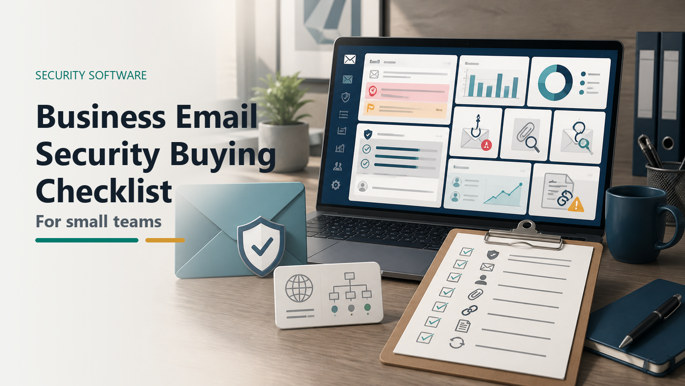 Business email security buying checklist with email dashboard, quarantine review, domain authentication cards, phishing report workflow, attachment scanning, invoice review, and admin logs