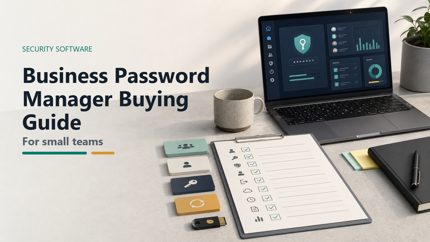 Business password manager buying guide for small teams with vault dashboard, checklist, shared access cards, MFA, recovery, audit log, and export planning