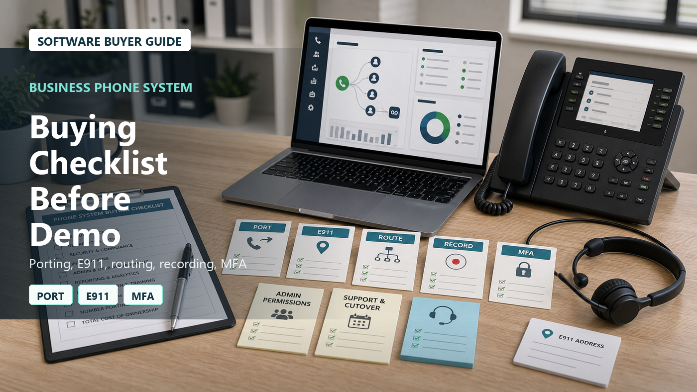 Business phone system buying checklist with VoIP call routing dashboard, desk phone, mobile app card, number porting checklist, E911 address note, call recording card, admin permissions sheet, and support worksheet