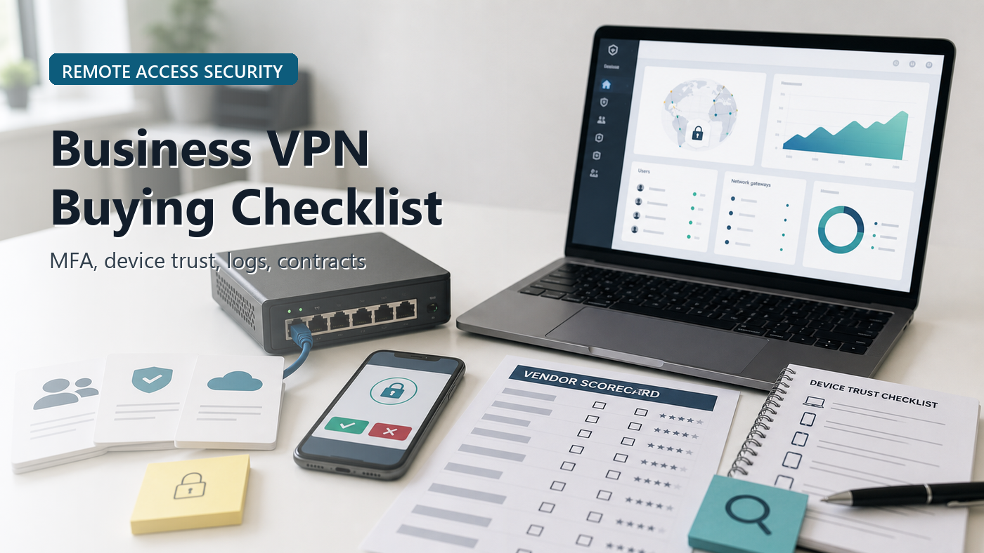 Business VPN buying checklist with secure remote access diagram, MFA prompt, laptop, network gateway, device policy cards, log review, and vendor worksheet