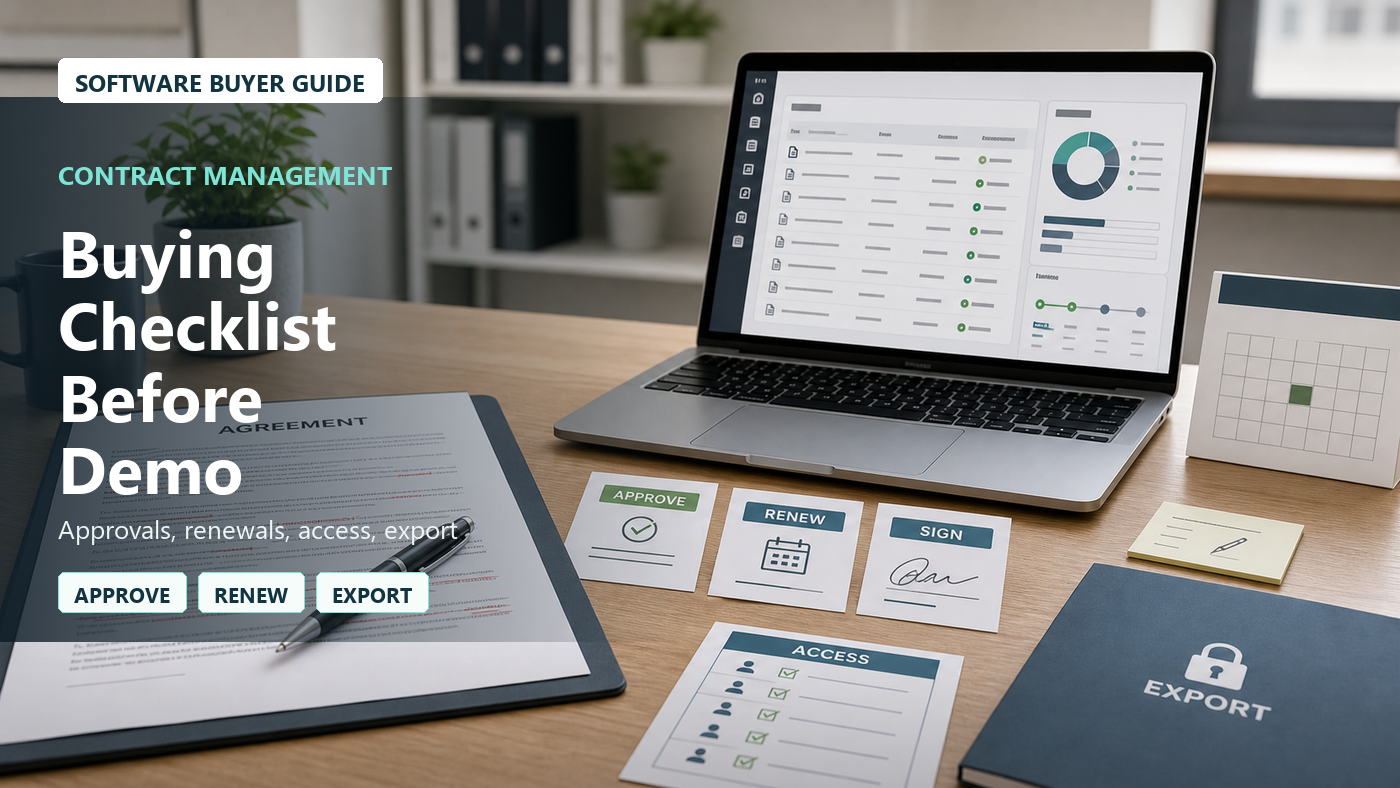 Contract management software buying checklist with contract repository dashboard, approval workflow cards, renewal calendar, redline document, e-sign handoff note, permissions checklist, and export folder