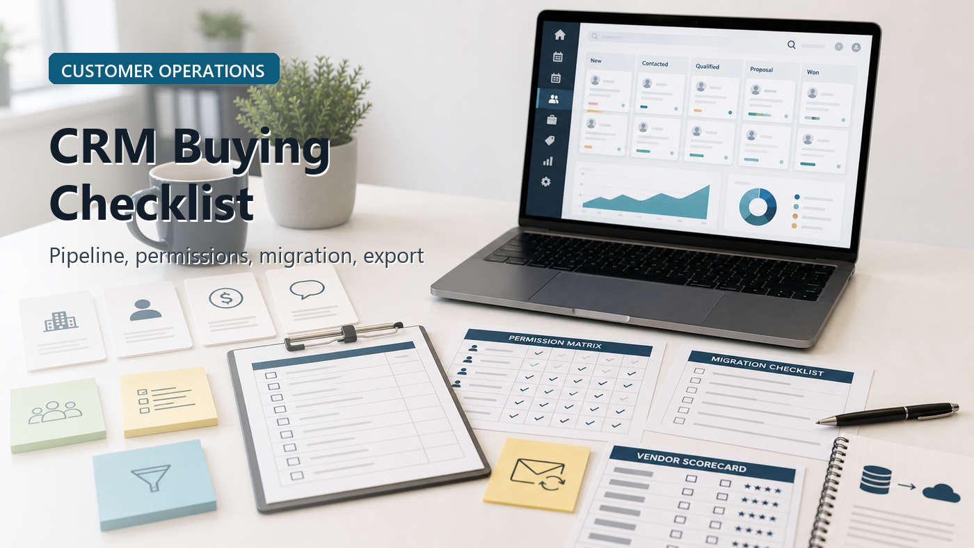 CRM software buying checklist with sales pipeline dashboard, customer record cards, email sync notes, permission matrix, migration worksheet, reporting chart, and vendor scorecard