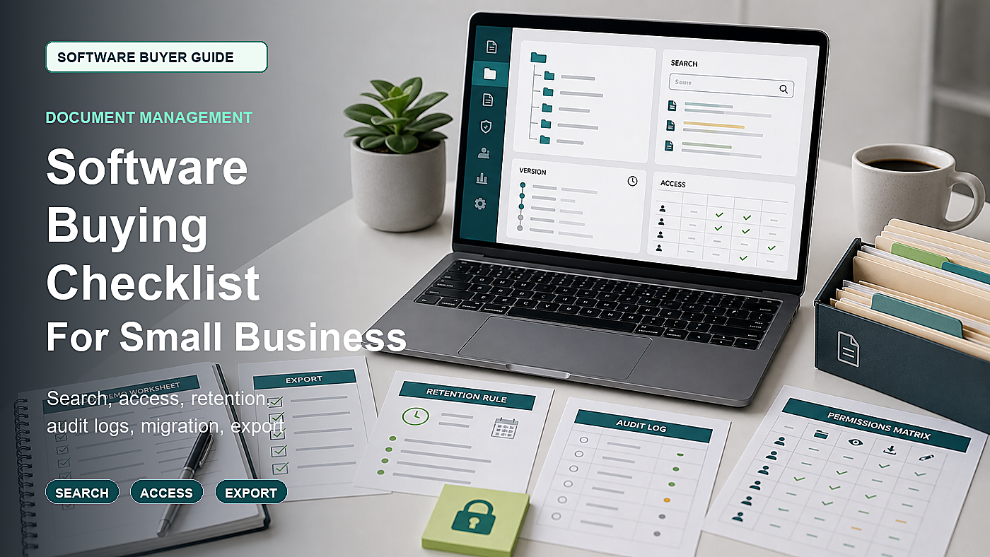 Document management software buying checklist with secure folder structure, OCR search, version history, permissions matrix, retention rules, audit log, and vendor demo worksheet