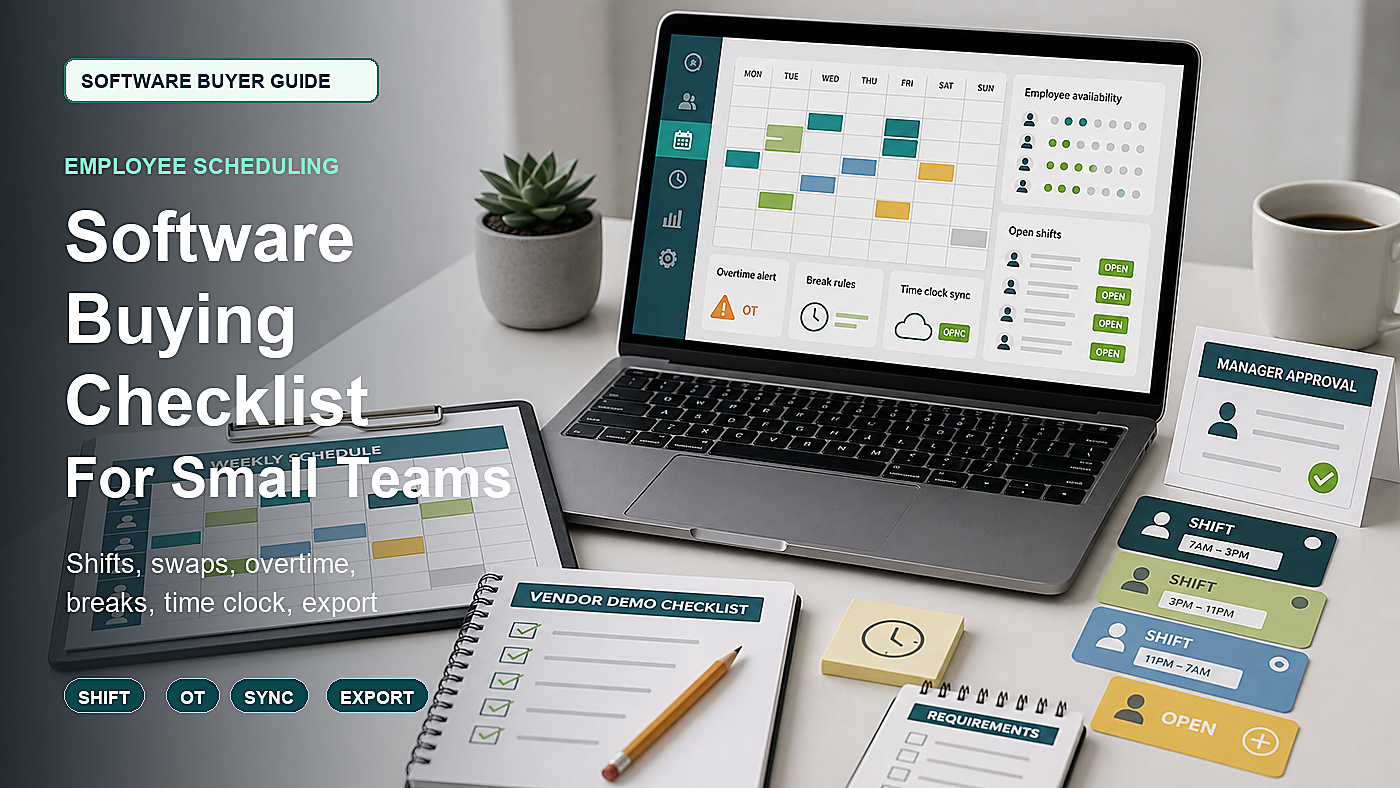Employee scheduling software buying checklist with shift calendar, availability cards, overtime warning, break rule note, time clock sync, manager approval, and vendor demo worksheet