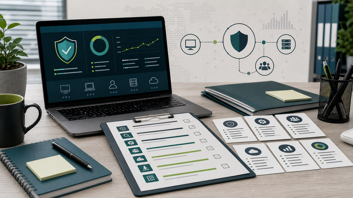 Endpoint protection software demo checklist with security dashboard and buyer scorecards