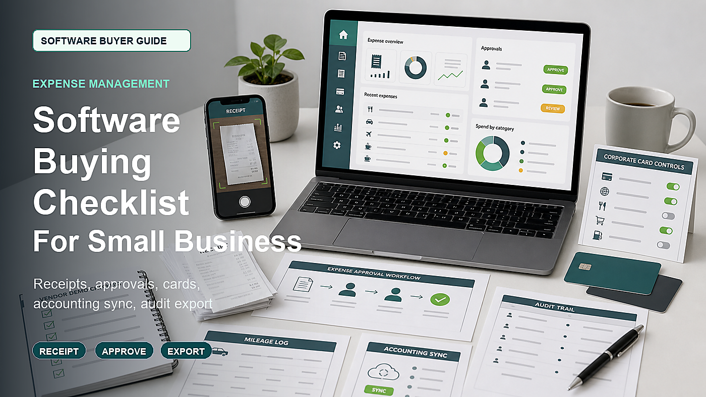 Expense management software buying checklist with receipt capture, approval workflow, corporate card controls, accounting sync, mileage log, audit trail, and vendor demo worksheet