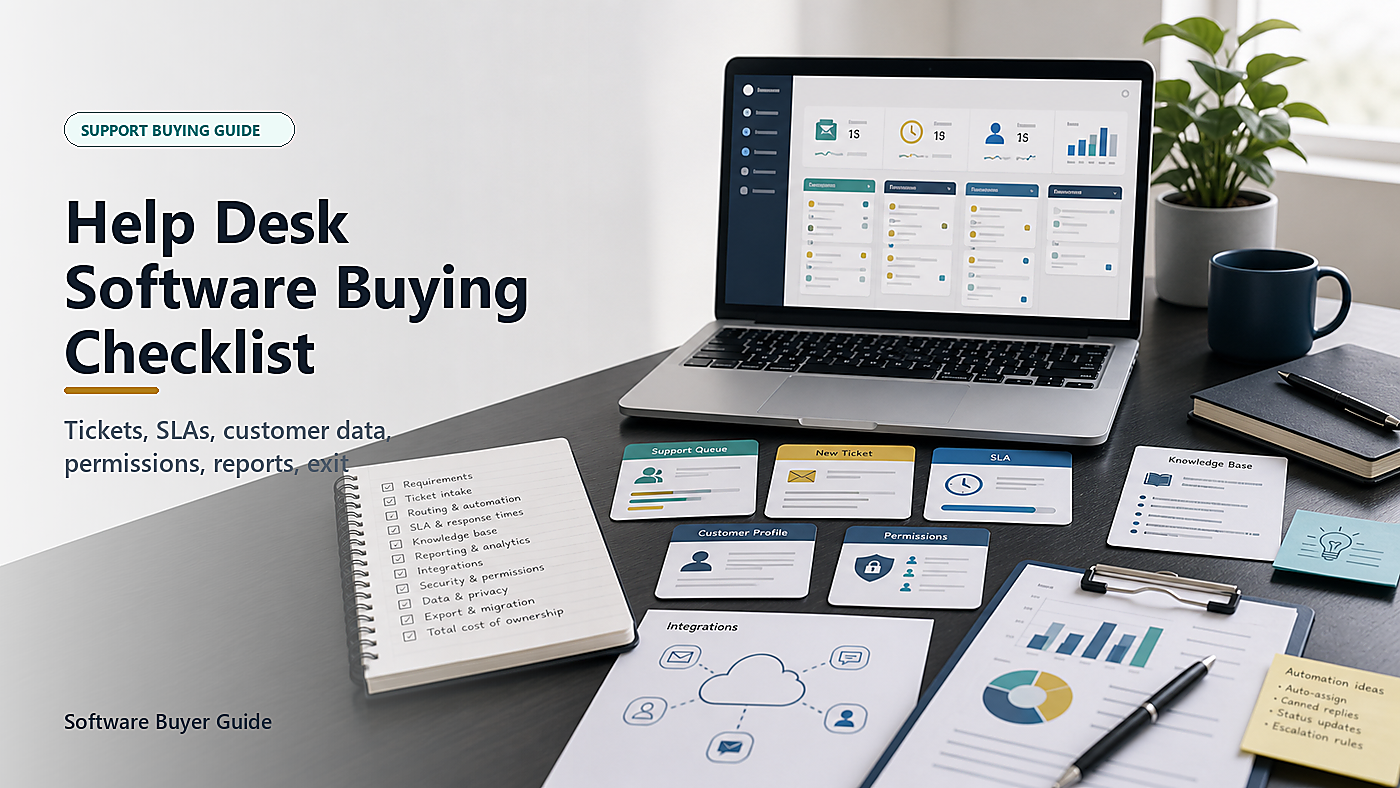Help desk software buying checklist with ticket dashboard, support queue, SLA clock, customer data cards, role permissions, knowledge base notes, integration map, and reporting worksheet
