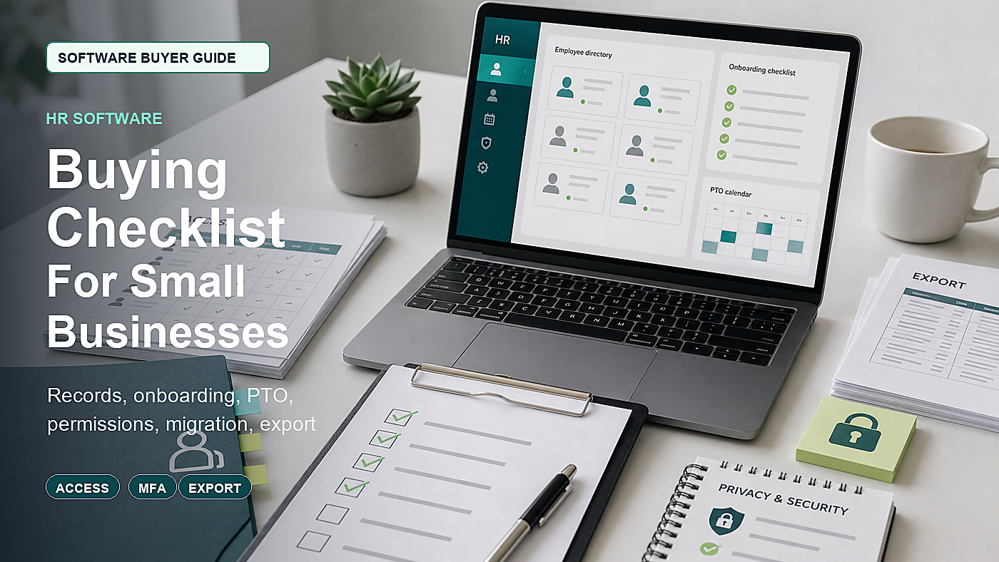 HR software buying checklist with employee directory cards, onboarding tasks, PTO calendar, document folder, role permissions, privacy notes, and vendor demo worksheet