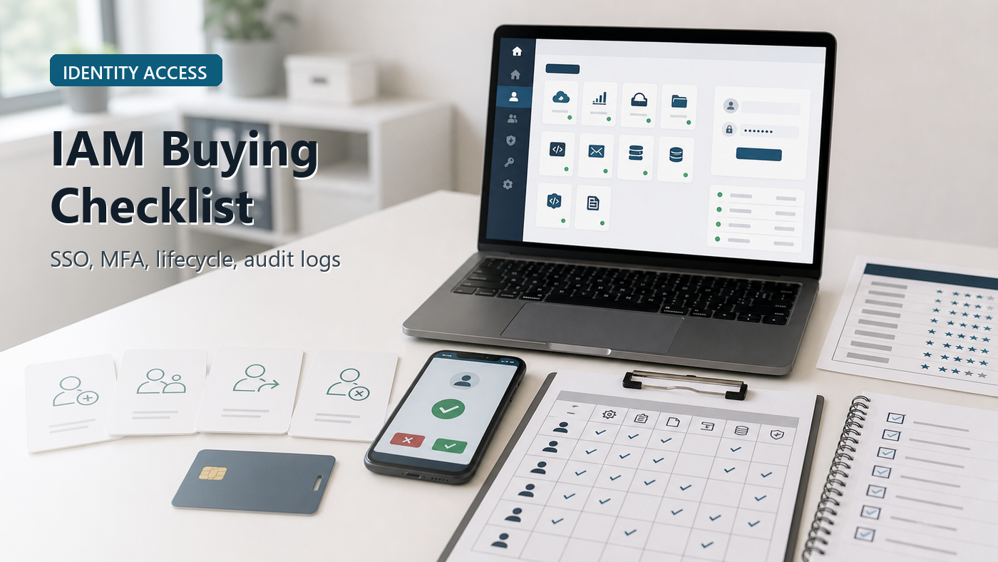 Identity and access management buying checklist with app access map, SSO login screen, MFA prompt, user lifecycle cards, admin role matrix, audit log worksheet, and vendor scorecard