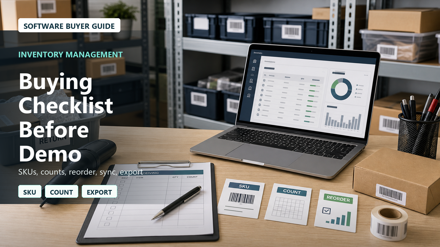 Inventory management software buying checklist with warehouse shelves, barcode scanner, receiving worksheet, reorder point card, stock count board, and software demo laptop