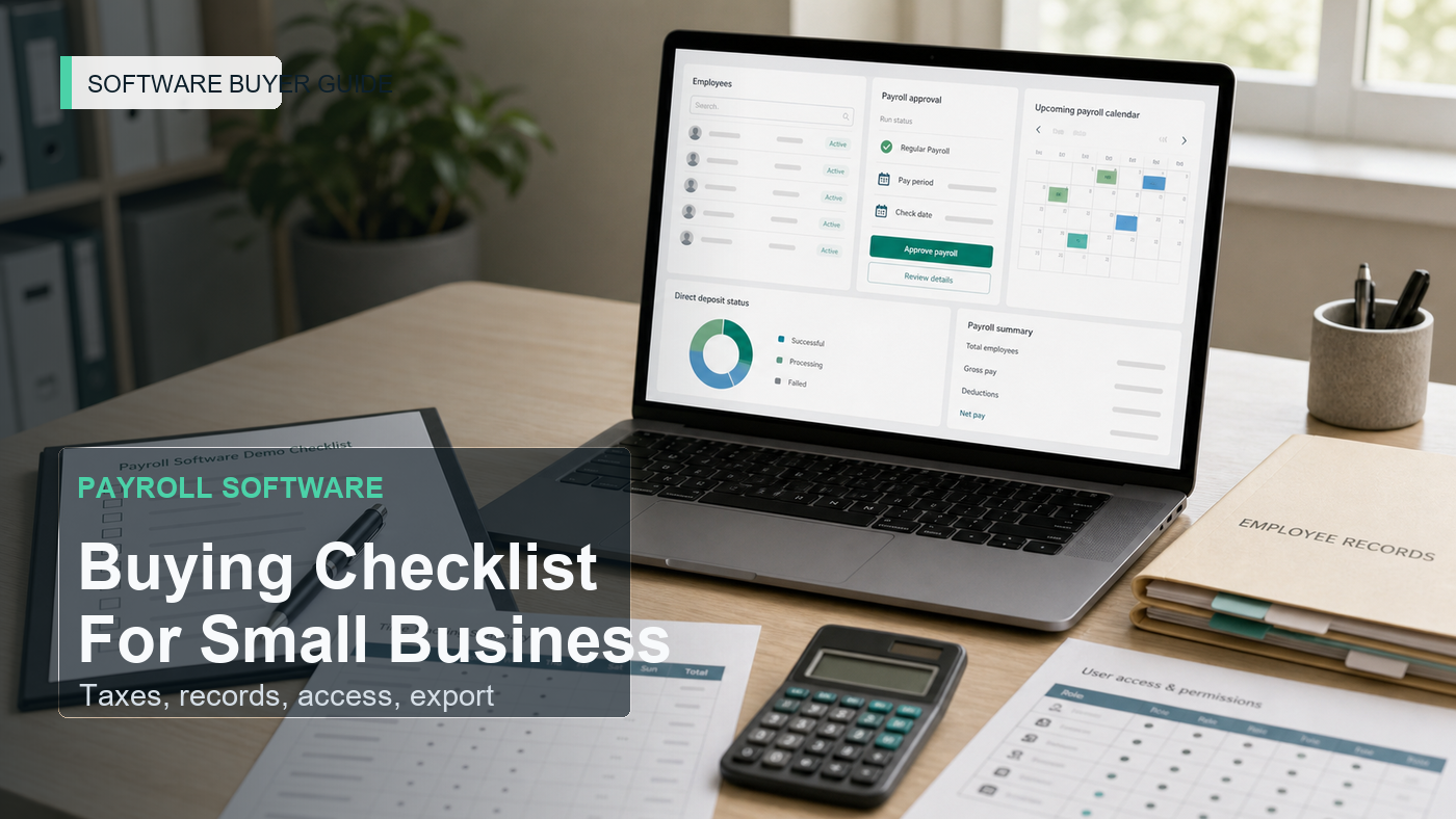 Payroll software buying checklist with payroll dashboard, employee record folder, tax filing calendar, time sheet, permission matrix, direct deposit note, and vendor demo worksheet