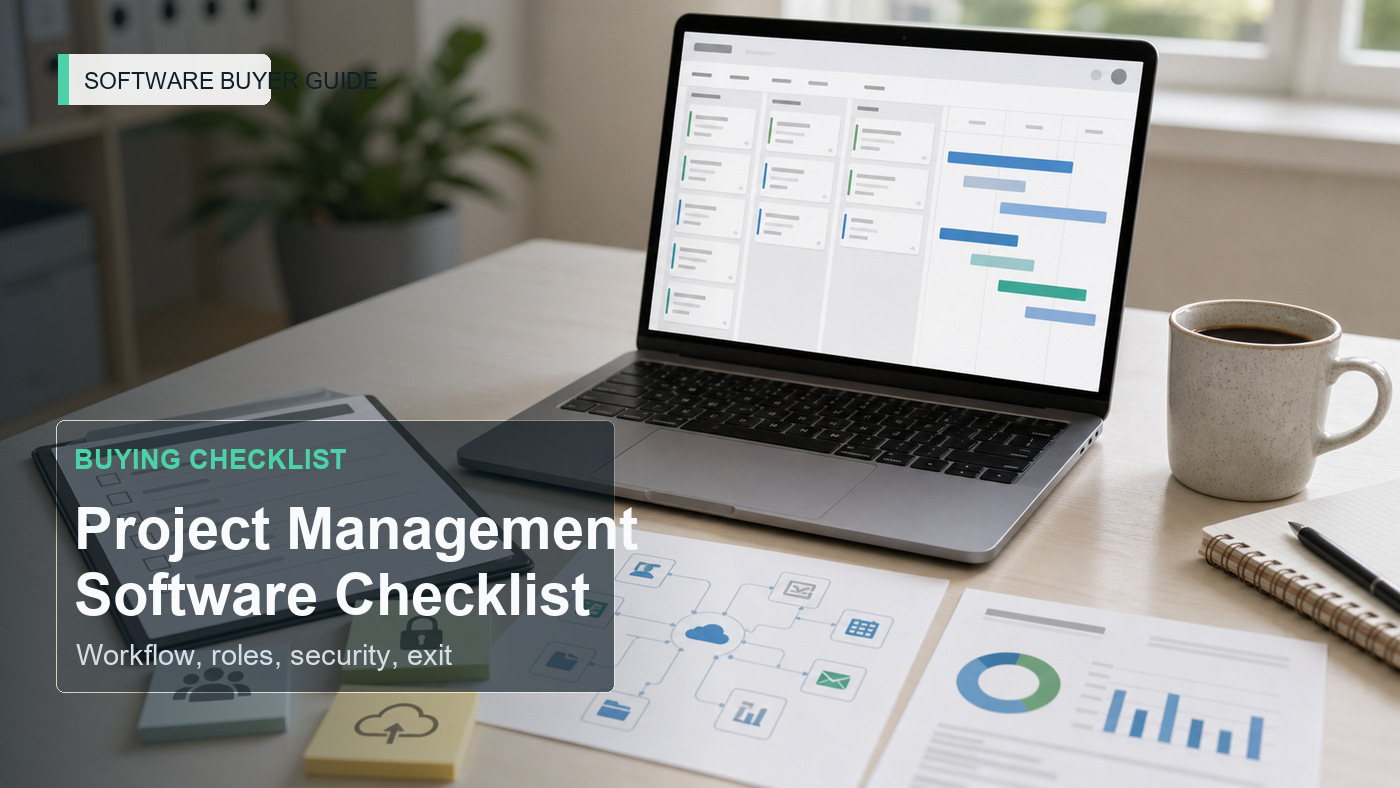 Project management software buying checklist with workflow board, task cards, permissions notes, integration map, reporting chart, and vendor demo worksheet