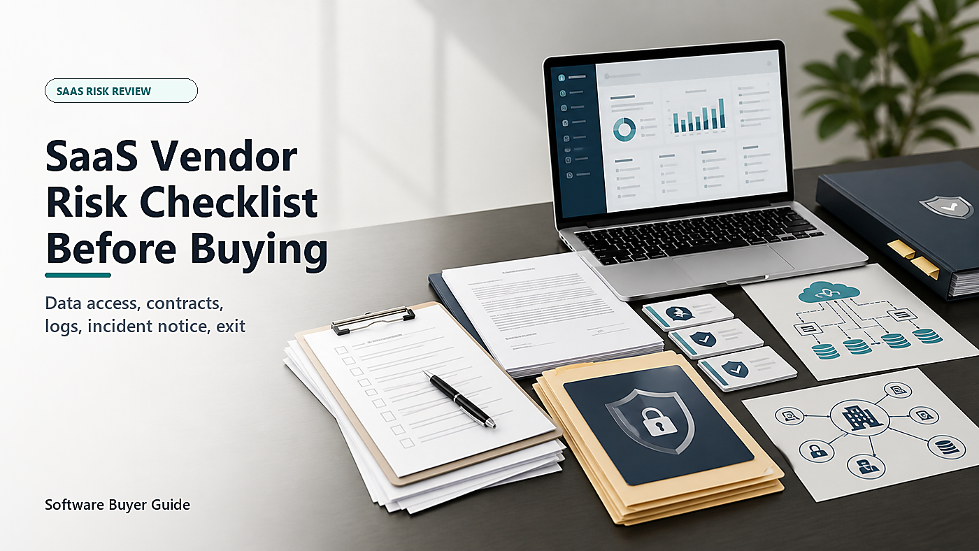 SaaS vendor risk checklist with software contract, data access map, security review notes, subprocessor list, audit report folder, admin access cards, and exit plan