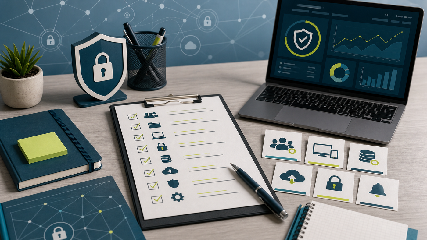Small business cybersecurity buying checklist with account, device, backup, MFA, vendor, and alert review cards