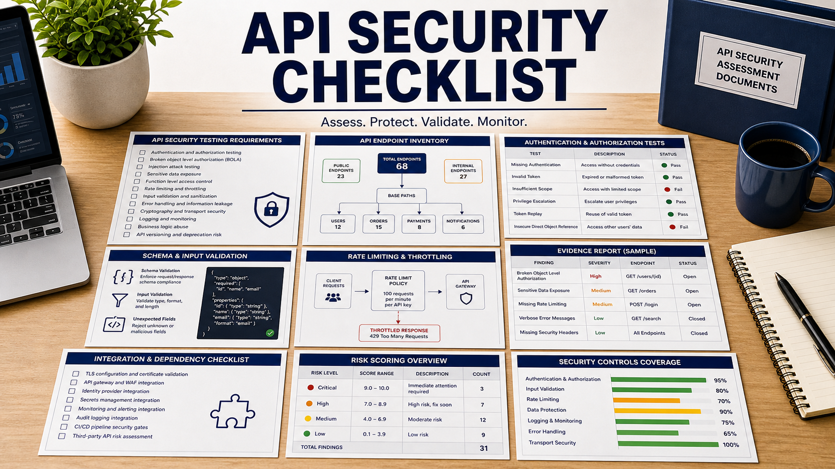 API security testing software checklist with endpoint inventory map, authentication test cases, authorization matrix, schema validation report, rate limit test card, CI/CD gate diagram, evidence export mockup, and false positive queue