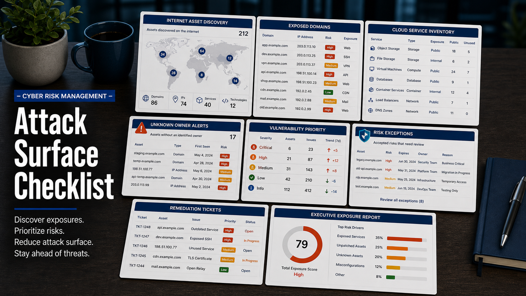 Attack surface management software checklist with internet asset discovery map, exposed domain list, cloud service inventory, unknown owner alert, vulnerability priority board, risk exception card, remediation ticket queue, and executive exposure report