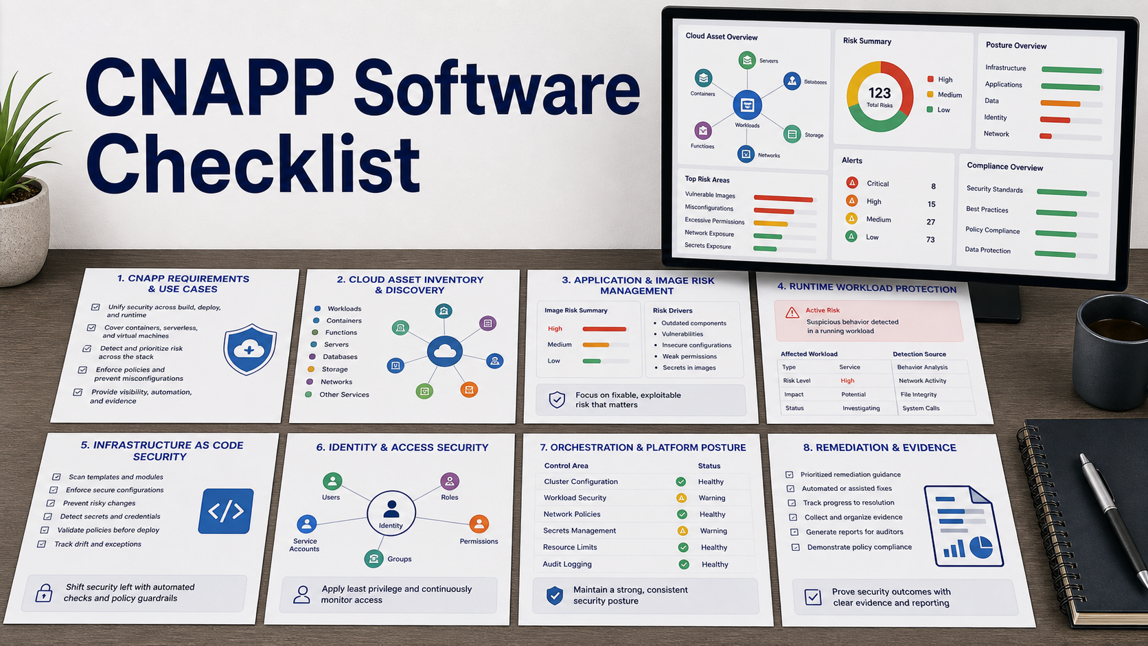 CNAPP software checklist with generic cloud asset graph, container risk card, workload runtime alert, infrastructure policy checklist, identity permission node, orchestration posture panel, and remediation evidence report