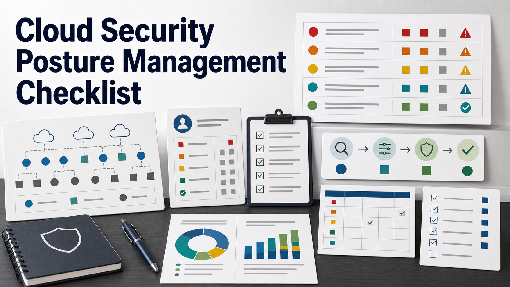 Cloud security posture management buying checklist with multi-cloud account map, misconfiguration findings board, identity risk card, benchmark checklist, remediation workflow, exception register, and reporting dashboard