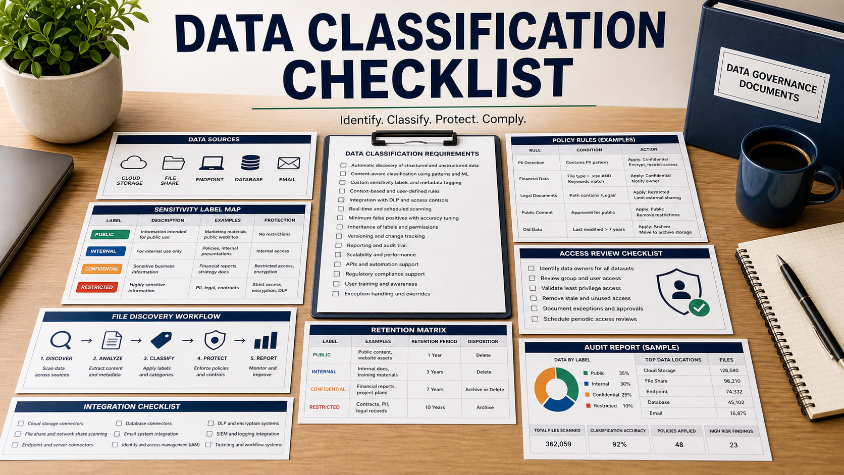 Data classification software checklist with sensitivity label map, file discovery workflow, policy rules sheet, access review notes, retention matrix, audit report mockup, and integration checklist