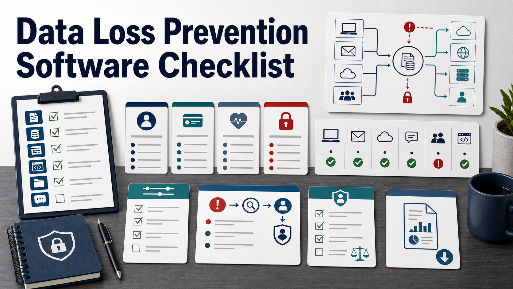 Data loss prevention software checklist with data flow map, sensitive data classification cards, endpoint email cloud and SaaS channels, policy tuning board, incident workflow, privacy review notes, and export report icon