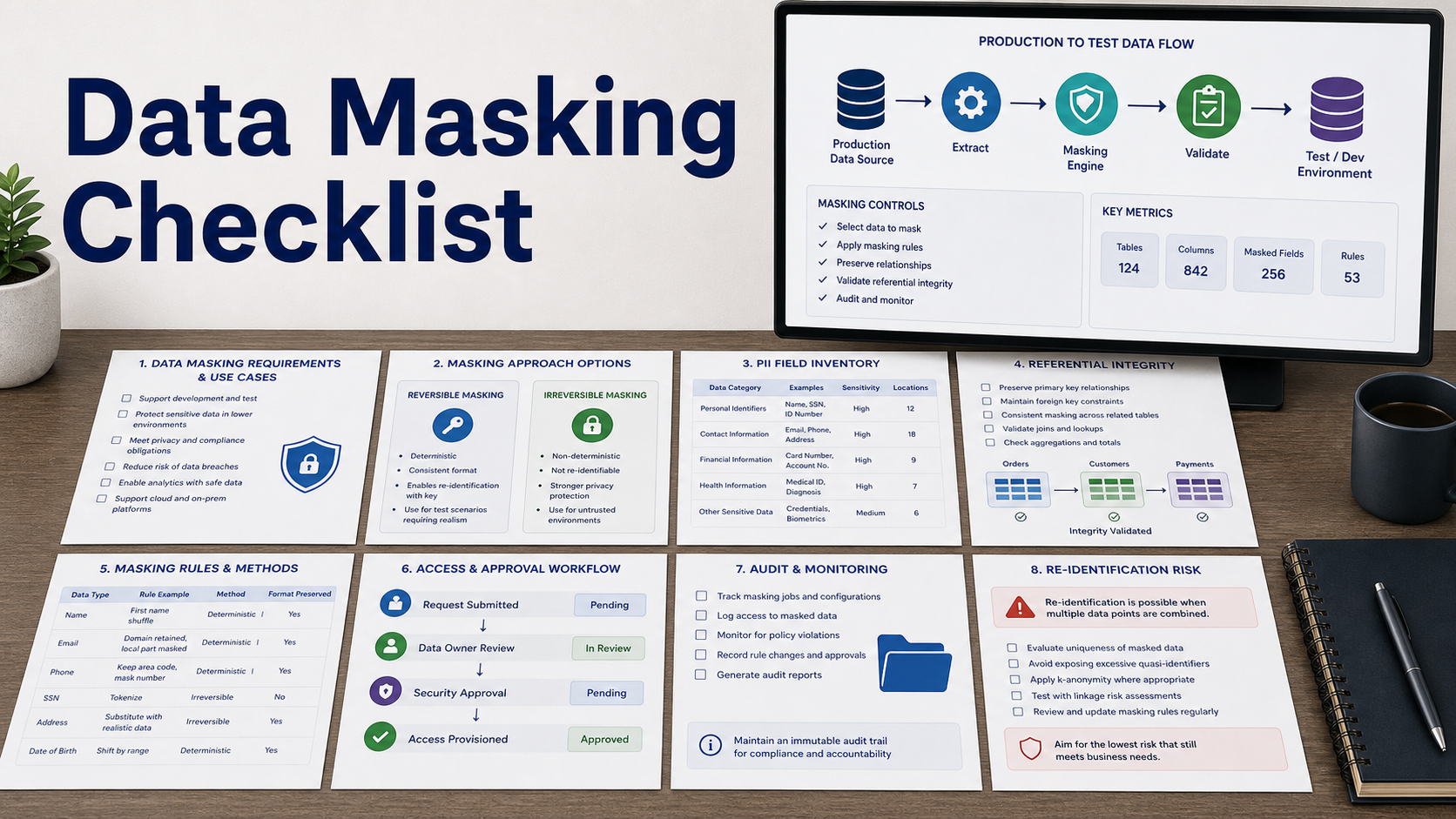 Data masking software checklist with production to test data flow, reversible and irreversible masking cards, PII inventory, referential integrity check, audit log, access approval queue, and re-identification risk note