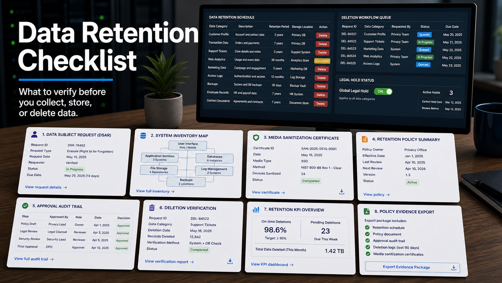 Data retention and deletion software checklist with retention schedule matrix, deletion workflow queue, legal hold card, media sanitization certificate, DSAR deletion request, system inventory map, approval audit trail, and policy export