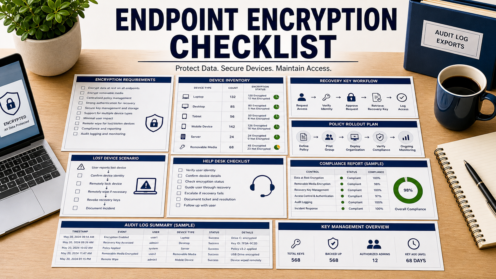 Endpoint encryption software checklist with device inventory sheet, recovery key workflow, policy rollout diagram, compliance report mockup, lost device scenario card, help desk checklist, and audit log folder