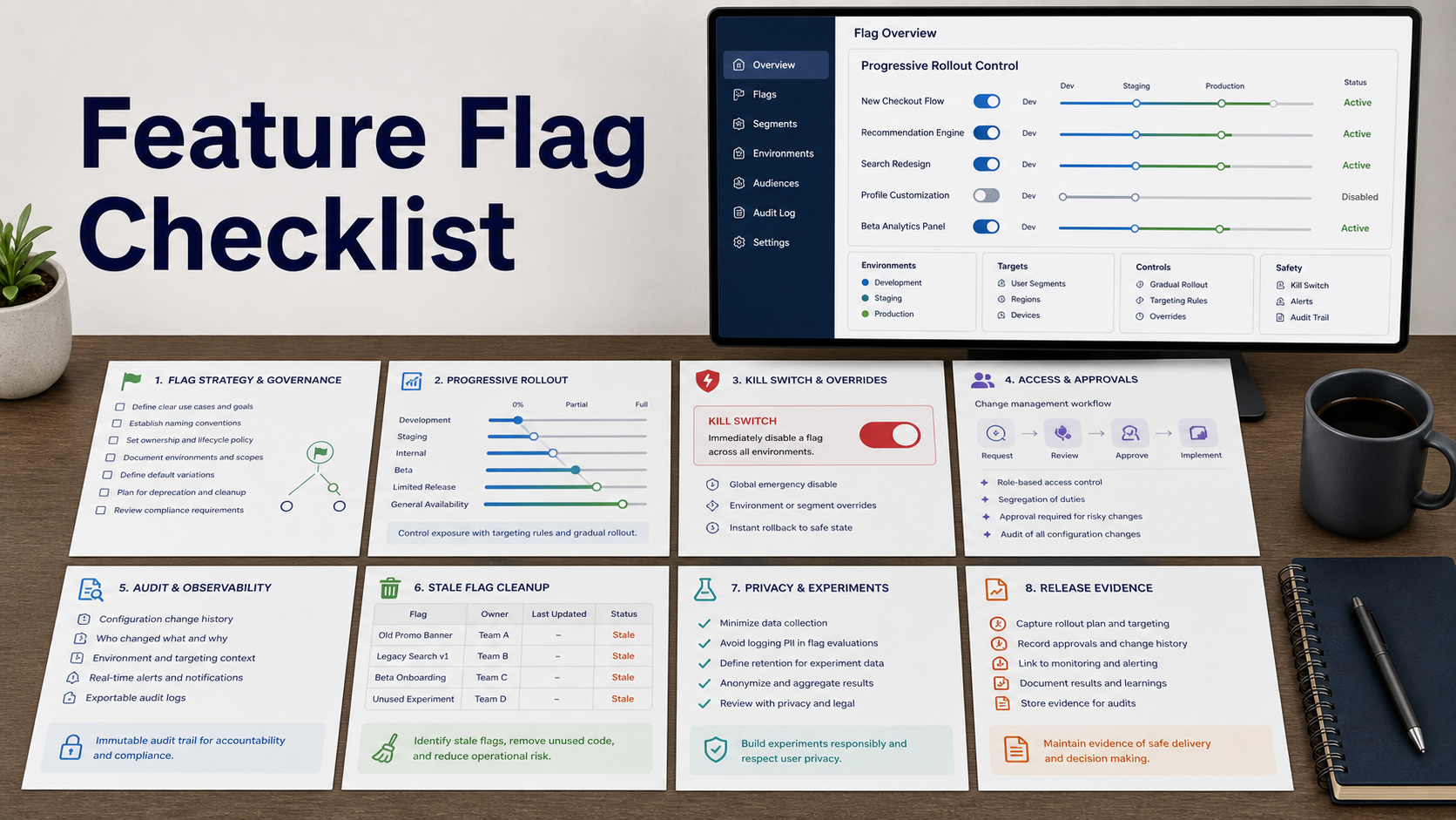 Feature flag management software checklist with progressive rollout control, kill switch card, approval workflow, audit log, stale flag cleanup board, privacy note, and release evidence report