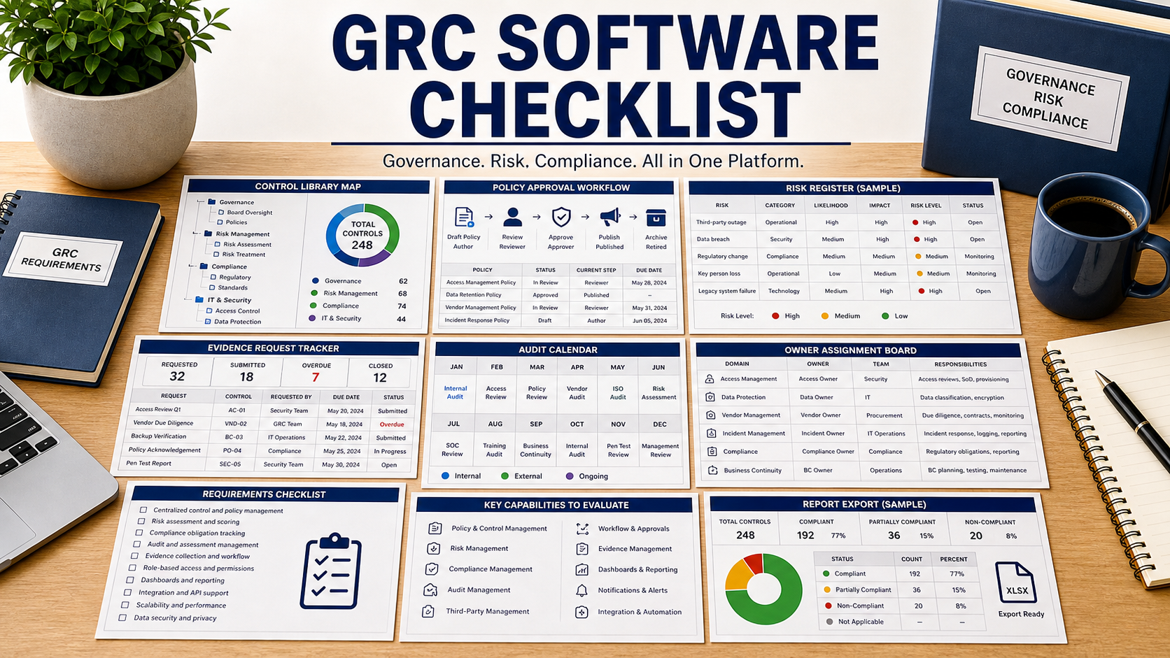GRC software checklist with control library map, policy approval workflow, risk register sheet, evidence request tracker, audit calendar, owner assignment board, and report export mockup