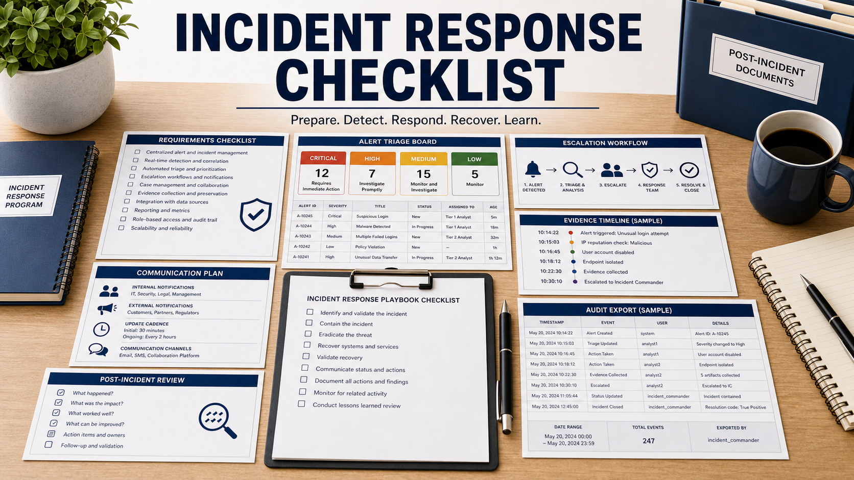 Incident response software checklist with alert intake board, triage timeline, evidence folder, escalation matrix, containment tasks, communication plan, and post-incident review report