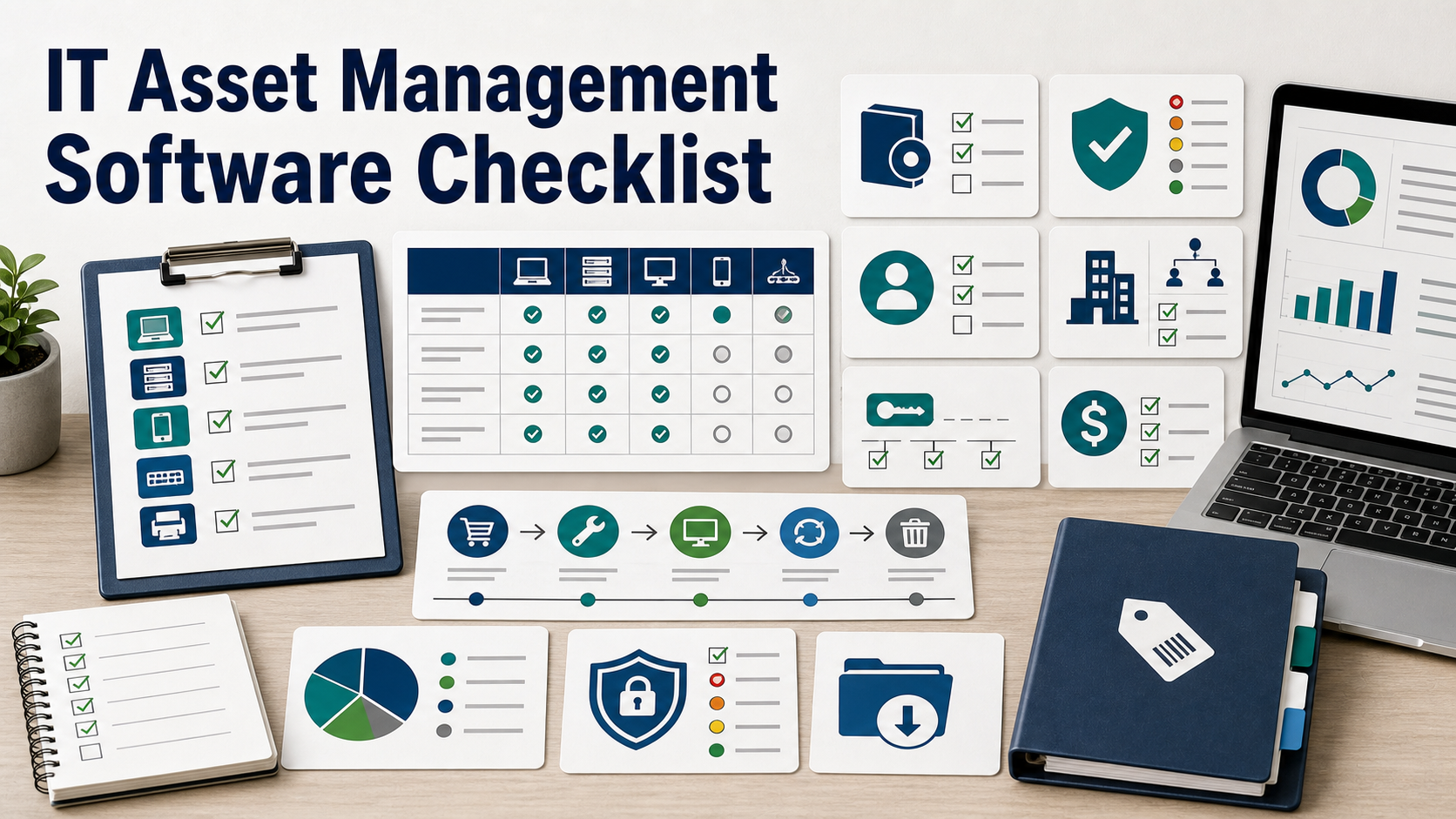 IT asset management software checklist with laptop and server inventory grid, software license card, owner tags, lifecycle timeline, security risk badge, finance reconciliation notes, and export package icon