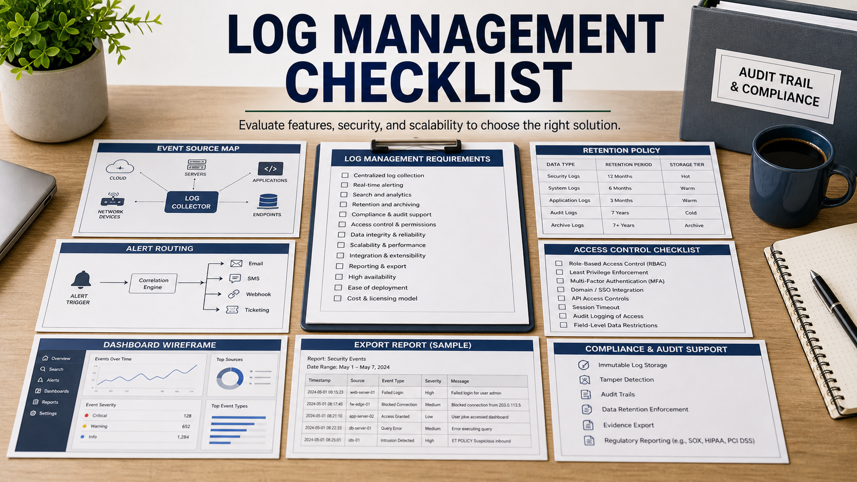 Log management software checklist with event source map, retention policy sheet, alert routing diagram, audit trail folder, access control checklist, dashboard wireframe, and export report mockup