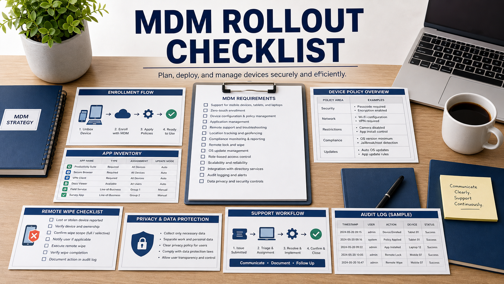 Mobile device management software checklist with enrollment flow diagram, device policy sheet, app inventory board, remote wipe checklist, privacy note, support workflow cards, and audit log mockup