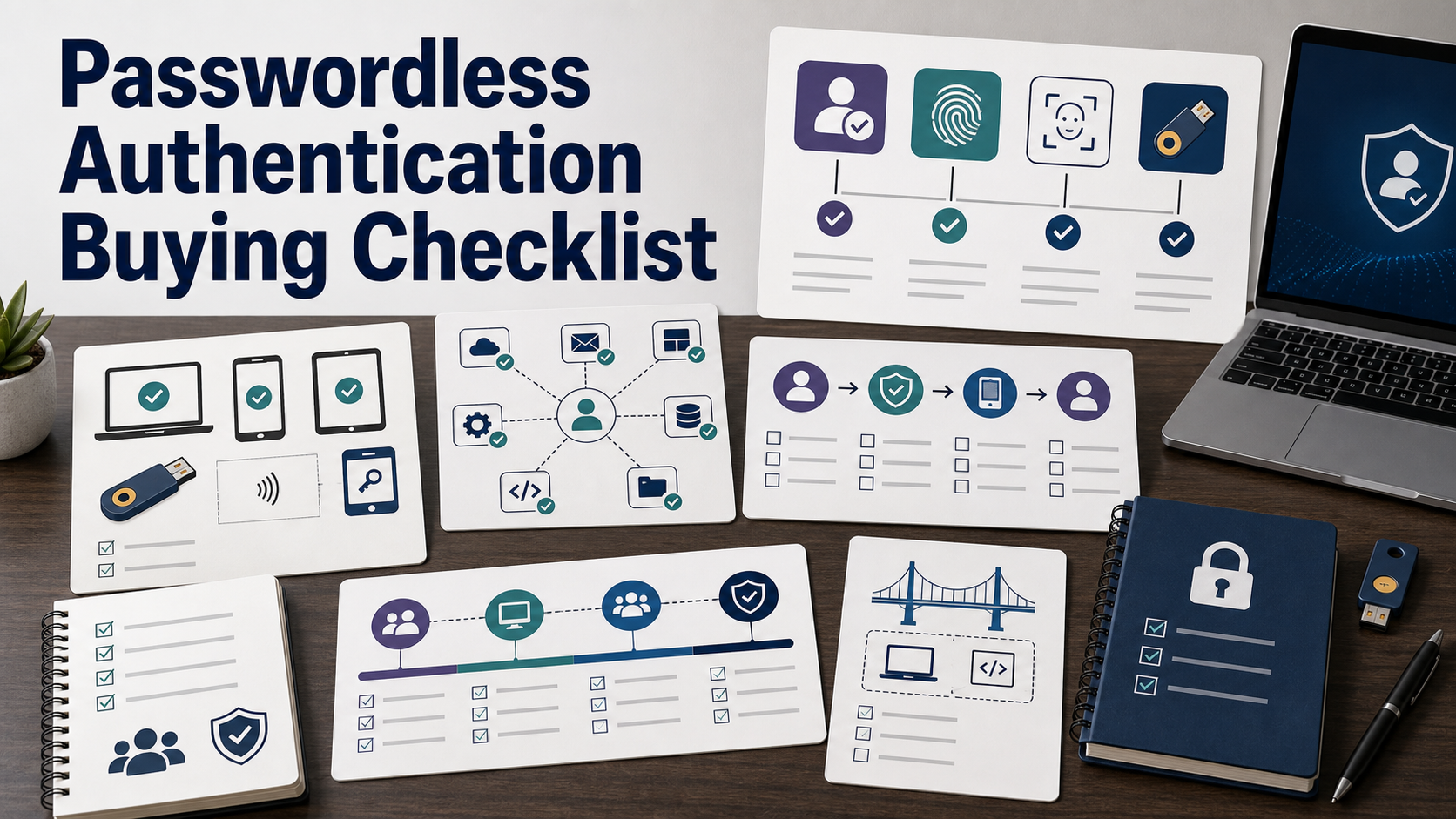 Passwordless authentication buying checklist with passkey device icons, hardware security key, app coverage map, recovery workflow, privileged user checklist, rollout timeline, and legacy app notes