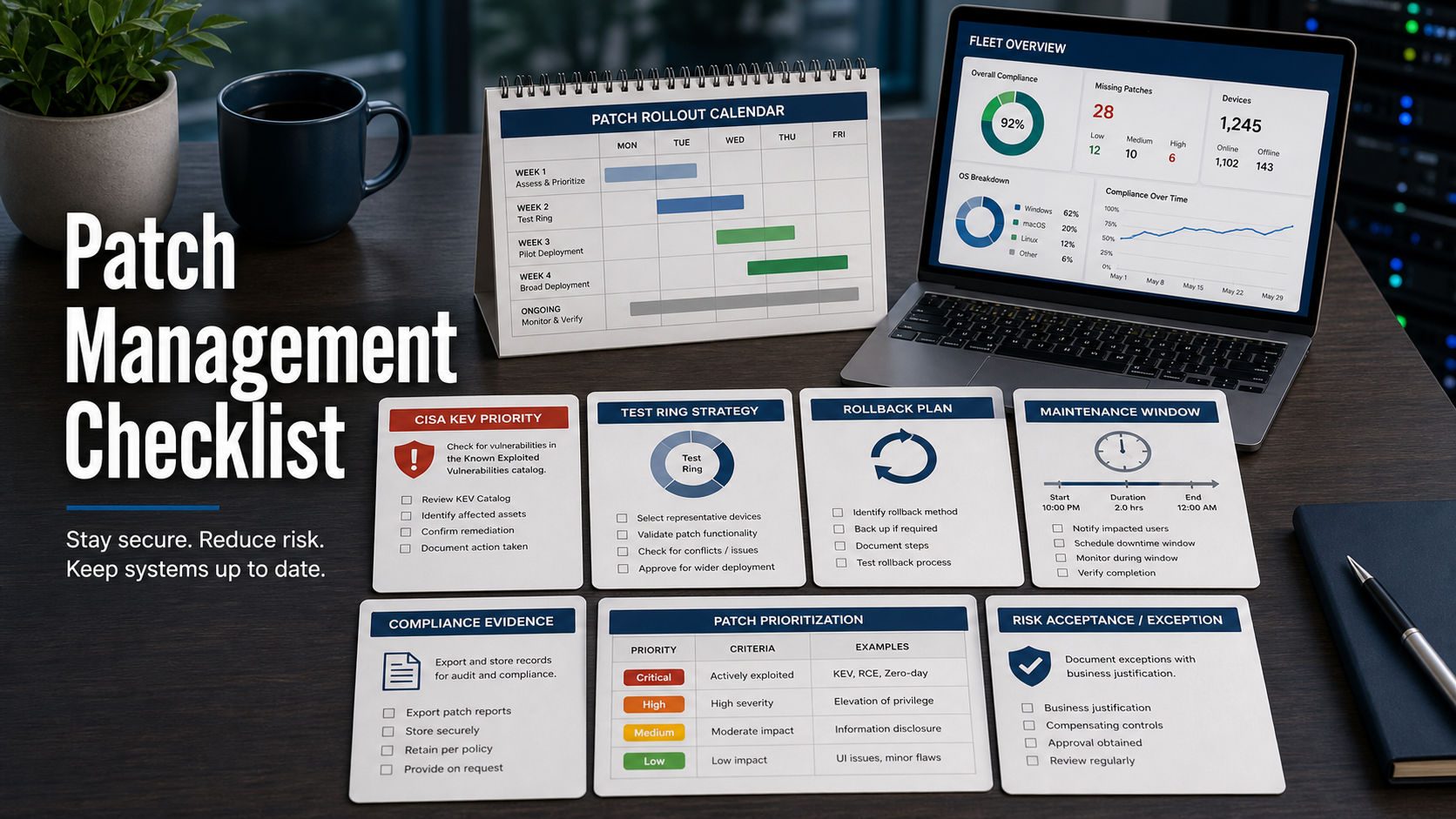 Patch management software checklist with rollout calendar, fleet dashboard, CISA KEV priority card, test ring diagram, rollback plan, maintenance window timeline, compliance evidence export sheet, and risk exception note