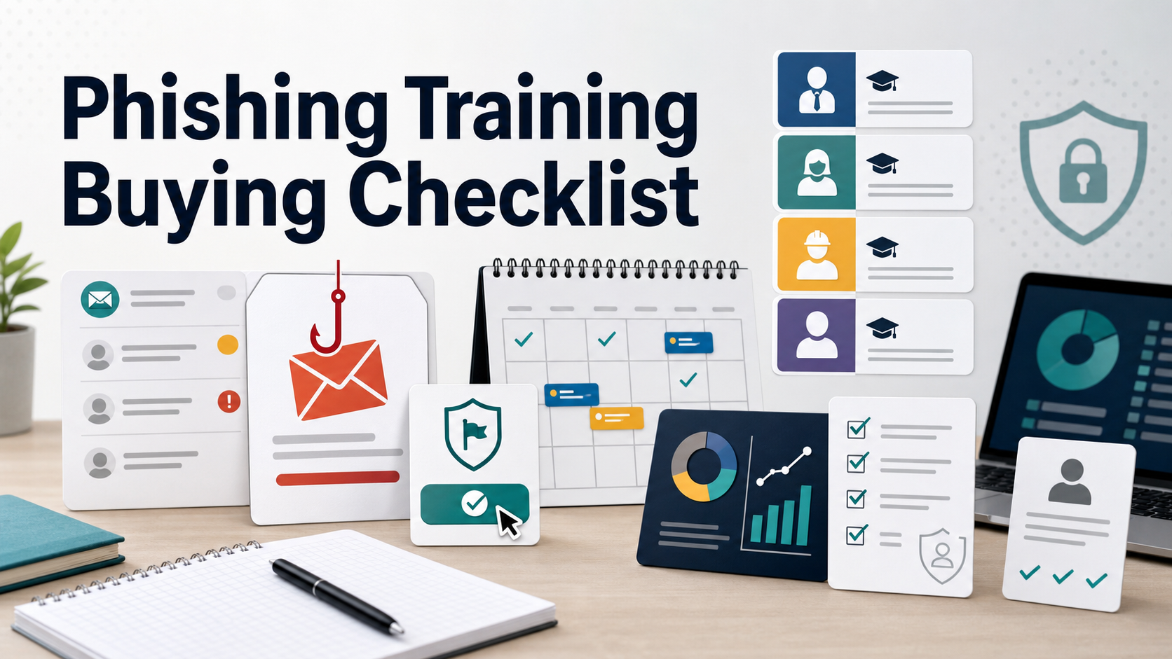 Phishing training software buying checklist with inbox simulation cards, report phishing workflow, training calendar, role-based lesson tiles, metrics dashboard, privacy review notes, and buyer checklist