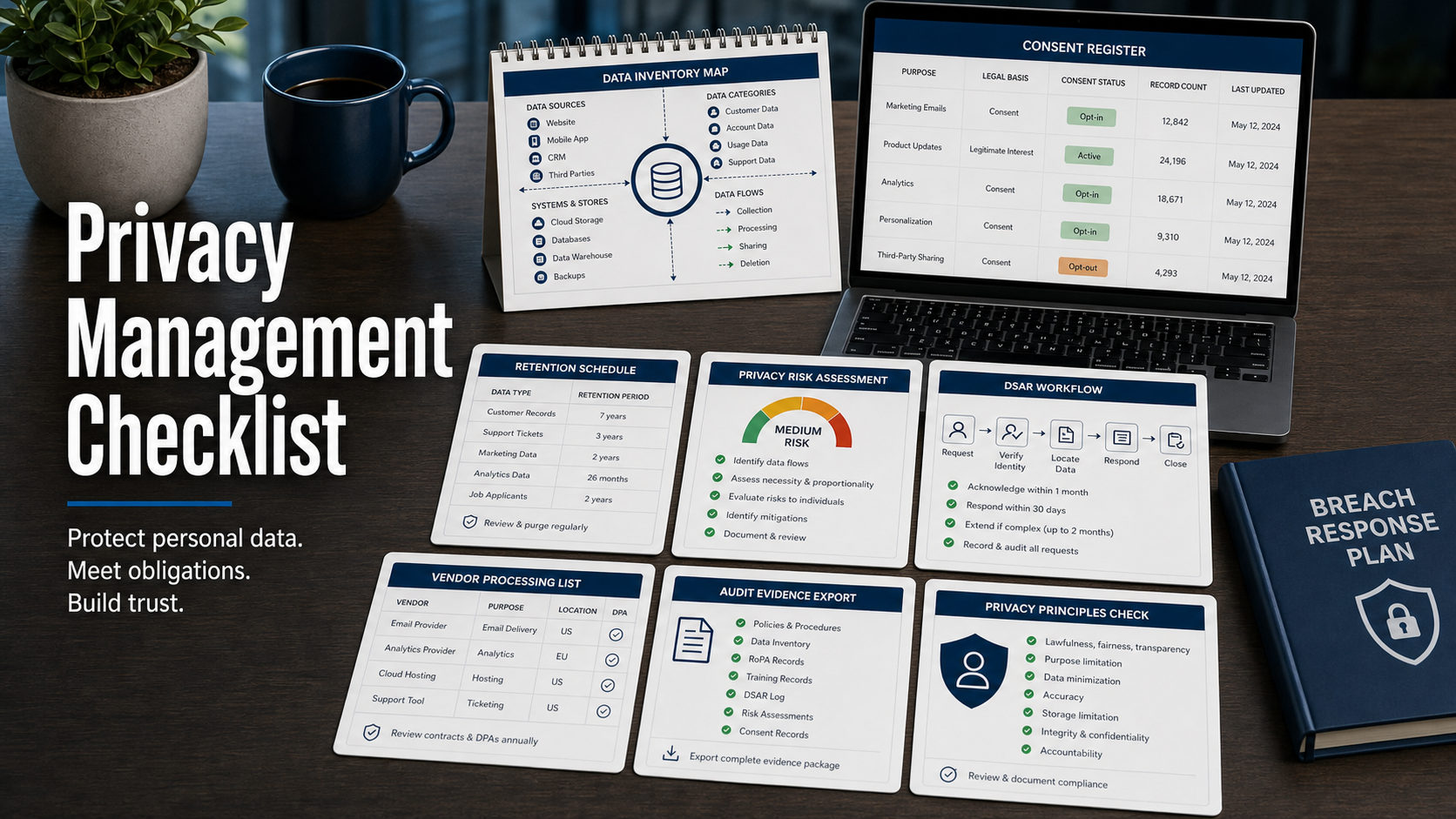 Privacy management software checklist with data inventory map, consent register, retention schedule, privacy risk assessment card, DSAR workflow board, breach response folder, vendor processing list, and audit evidence export