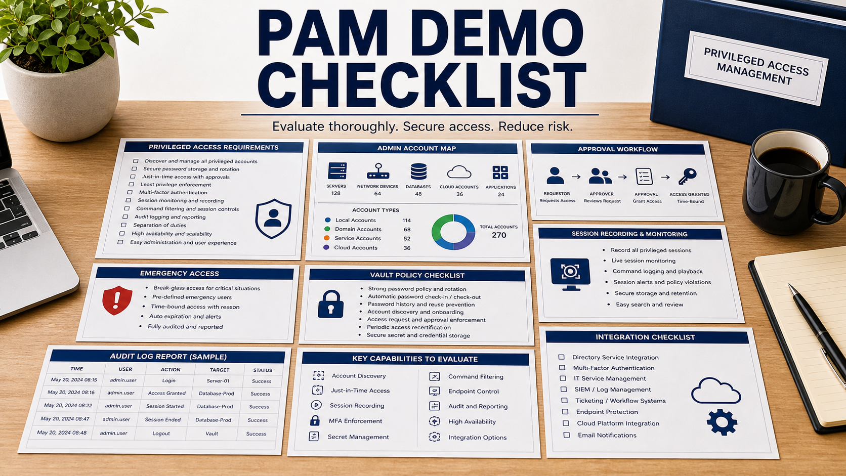 Privileged access management software checklist with admin account inventory, approval workflow, vault diagram, session evidence, break-glass access card, service account register, audit log export, and risk report
