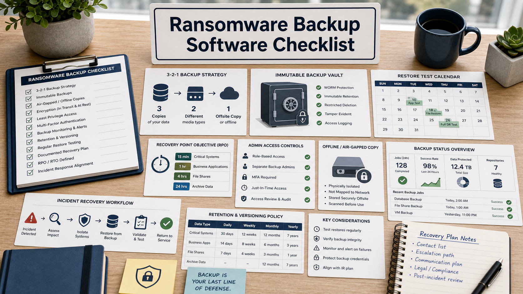 Ransomware backup software checklist with immutable vault diagram, restore test calendar, recovery objective card, admin access controls, offline copy note, incident recovery workflow, and backup dashboard