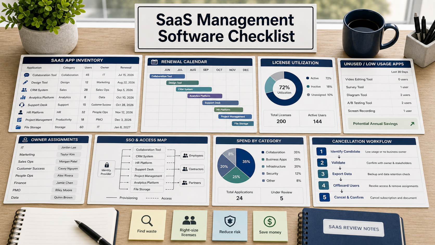 SaaS management software checklist with app inventory board, renewal calendar, license utilization chart, owner cards, unused app list, SSO access map, spend worksheet, and cancellation workflow