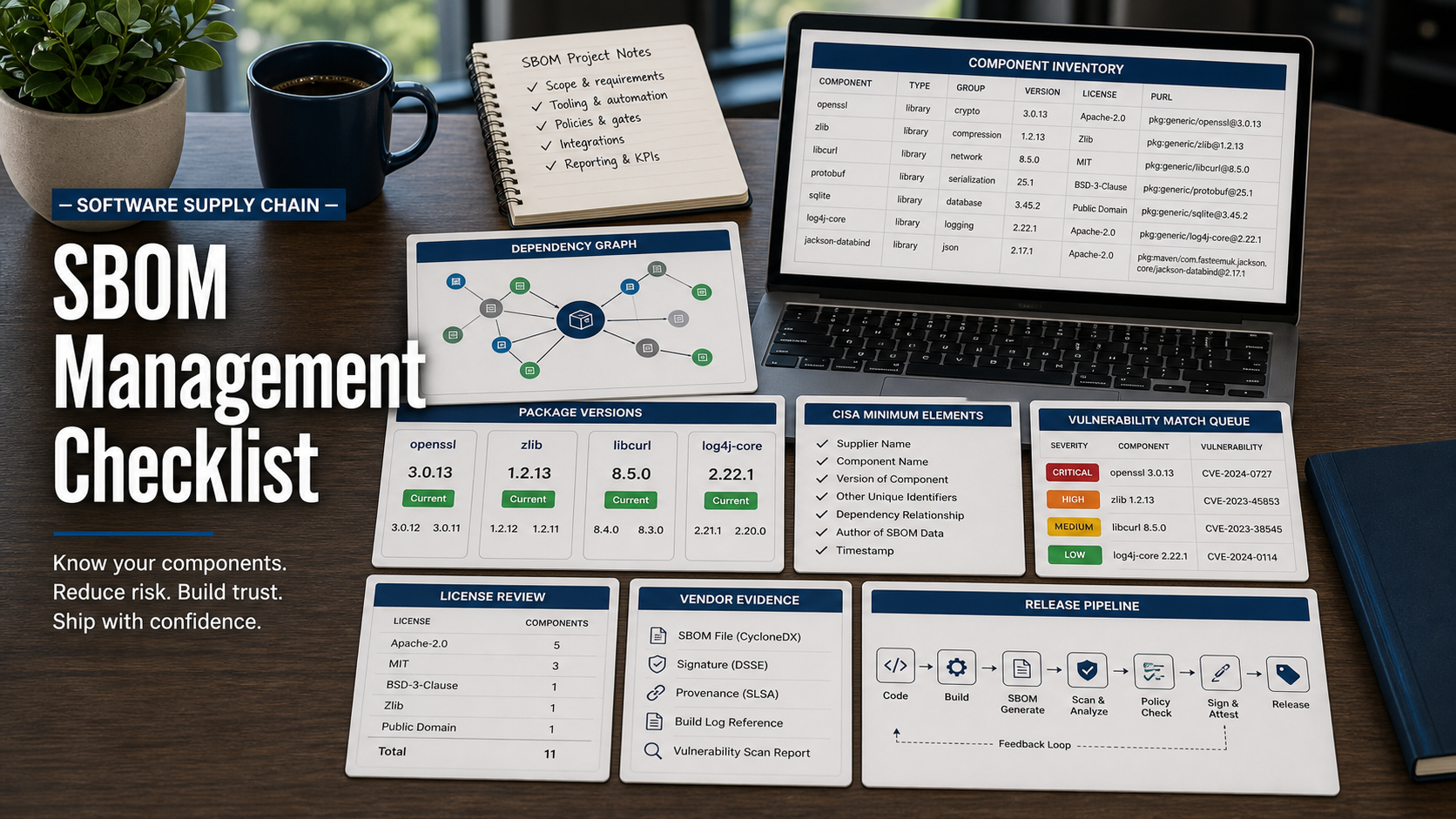 SBOM management software checklist with dependency graph, component inventory, package version cards, CISA minimum elements note, vulnerability match queue, license review card, vendor evidence folder, and release pipeline diagram