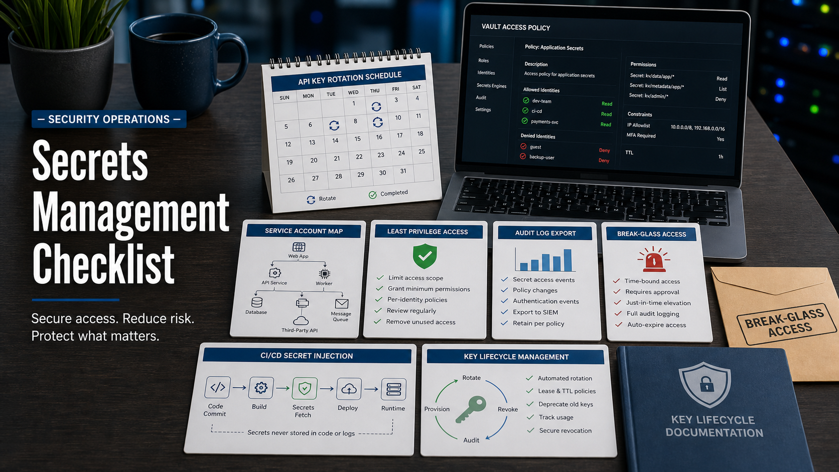 Secrets management software checklist with vault access policy screen, API key rotation calendar, service account map, least privilege card, audit log export, break-glass envelope, CI/CD secret injection diagram, and key lifecycle folder