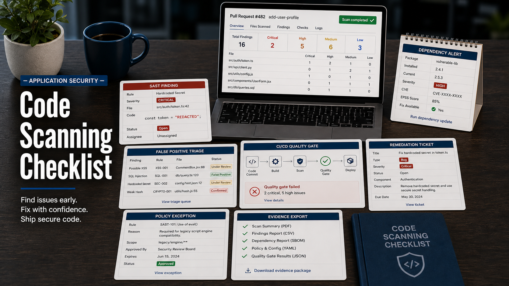 Secure code scanning software checklist with pull request scan report, SAST finding card with redacted token, dependency alert, false positive triage queue, CI/CD gate diagram, remediation ticket, policy exception note, and evidence export sheet