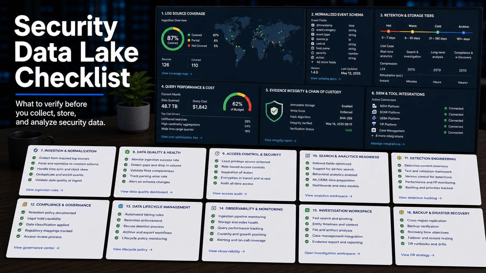 Security data lake software checklist with log source coverage map, normalized event schema, retention tier timeline, query cost meter, evidence integrity seal, SIEM connector, detection engineering backlog, and investigation workspace