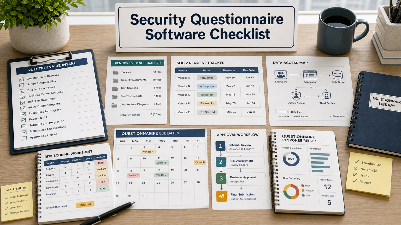 Security questionnaire software checklist with vendor evidence folders, SOC 2 request tracker, data access map, risk scoring worksheet, approval workflow cards, and export report mockup