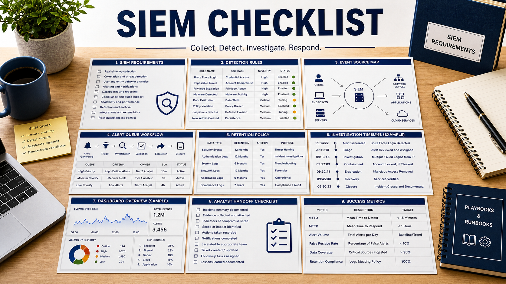 SIEM software checklist with detection rule board, event source map, alert queue workflow, retention policy sheet, investigation timeline, dashboard mockup, and analyst handoff checklist
