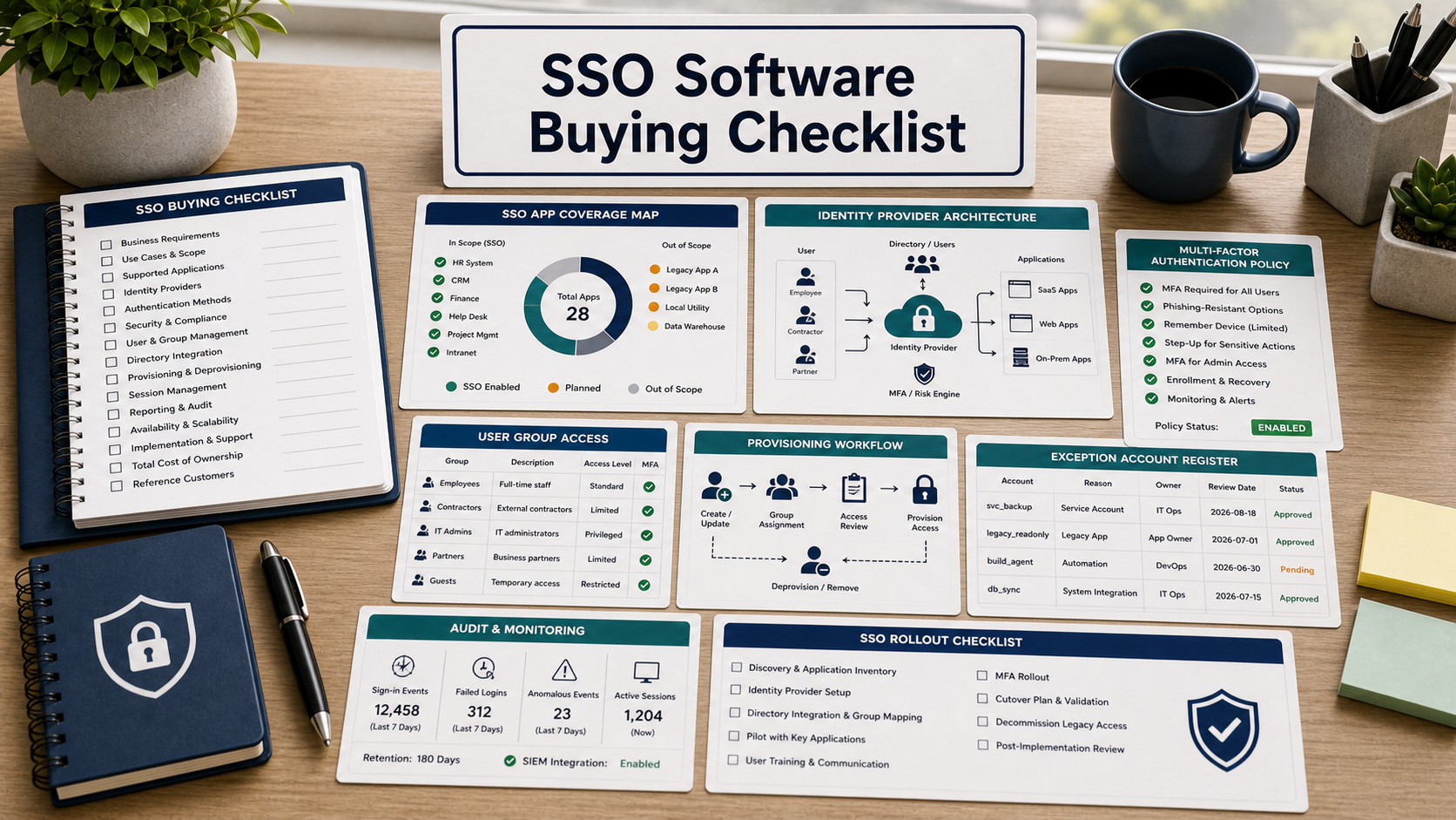 SSO software buying checklist with app coverage map, identity provider diagram, user groups, exception account register, MFA policy sheet, provisioning workflow, audit log panel, and rollout checklist