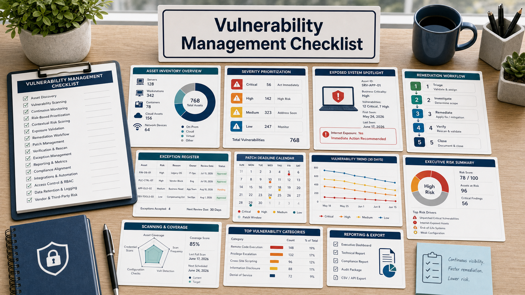 Vulnerability management software checklist with asset inventory map, severity prioritization board, exposed system card, remediation ticket workflow, exception register, patch calendar, and executive risk report